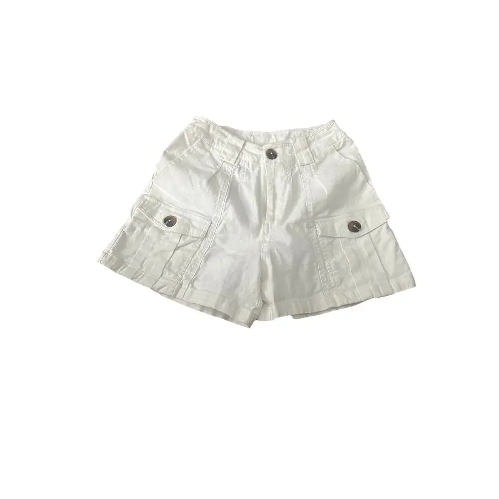 MIOU MUSE Cotton Cargo Off White Turtle Shell Button Shorts, Medium